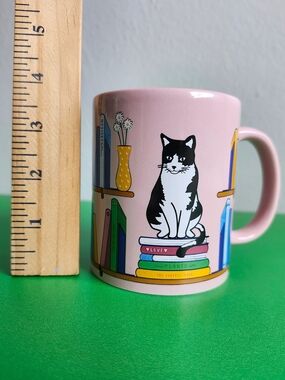 IQ Accessories Pink Bookshelf Cat Mug Ceramic Book Lover Coffee Cup Microwave Sa